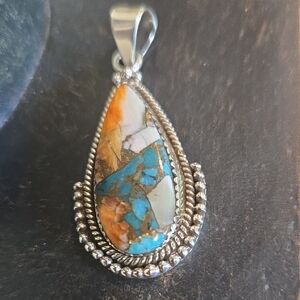 Silver Teardrop Pendant with Turquoise and Orange Accents